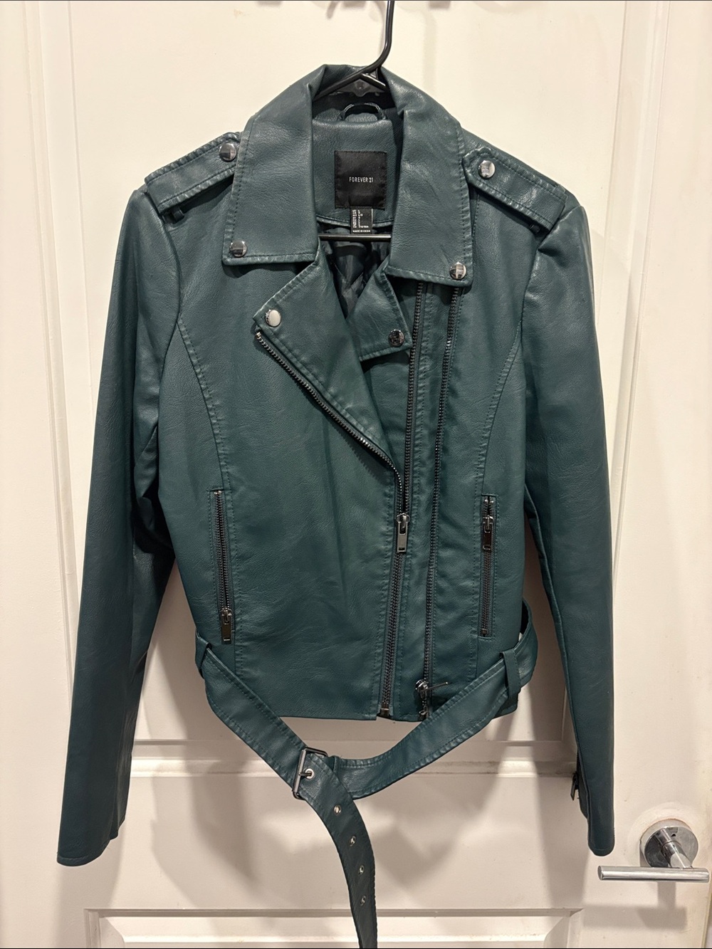 Dark Green Moto Faux Leather Jacket